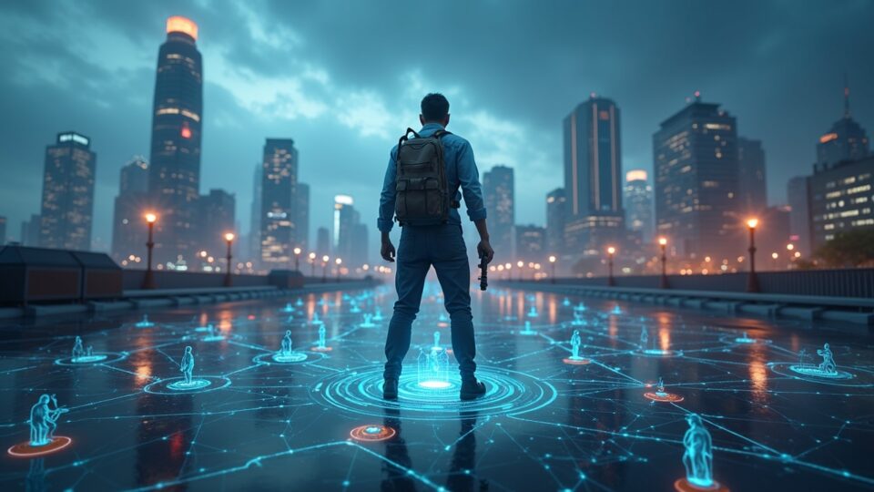Photorealistic center gamer with evolving blockchain-based assets on a crypto interface, backed by a regulatory cityscape.