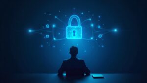 Donor at a desk observes a holographic BlueVault crypto flow with a blue Democratic glow and a security lock.