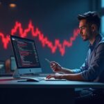 Photorealistic trader at a desk as BNB falls below $885 on a red chart, with a governance document and treasury building.