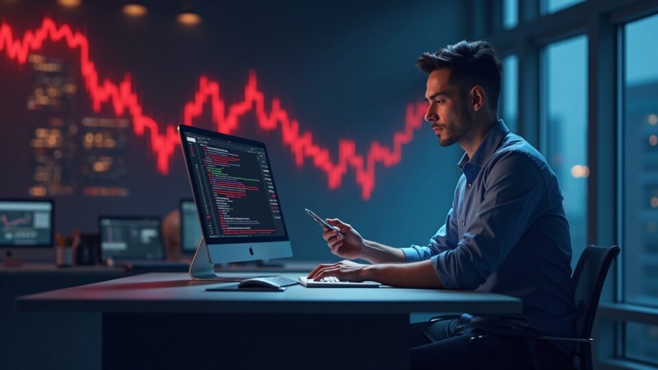 Photorealistic trader at a desk as BNB falls below $885 on a red chart, with a governance document and treasury building.