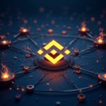 photorealistic blockchain hub with bnb burns, a unified stablecoin layer, and a futuristic x interface.