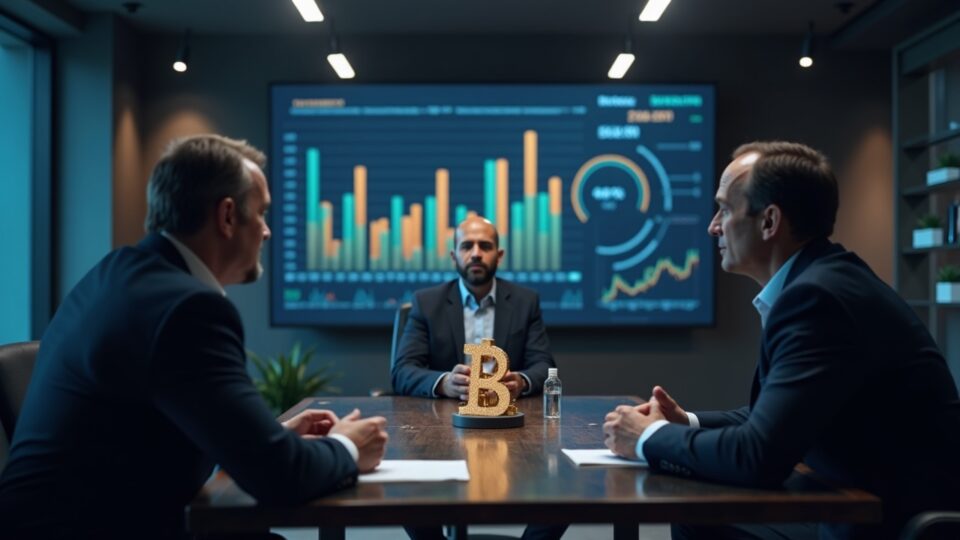 Photorealistic boardroom showdown over a BNB treasury strategy, CEO vs activist investor with digital BNB charts.