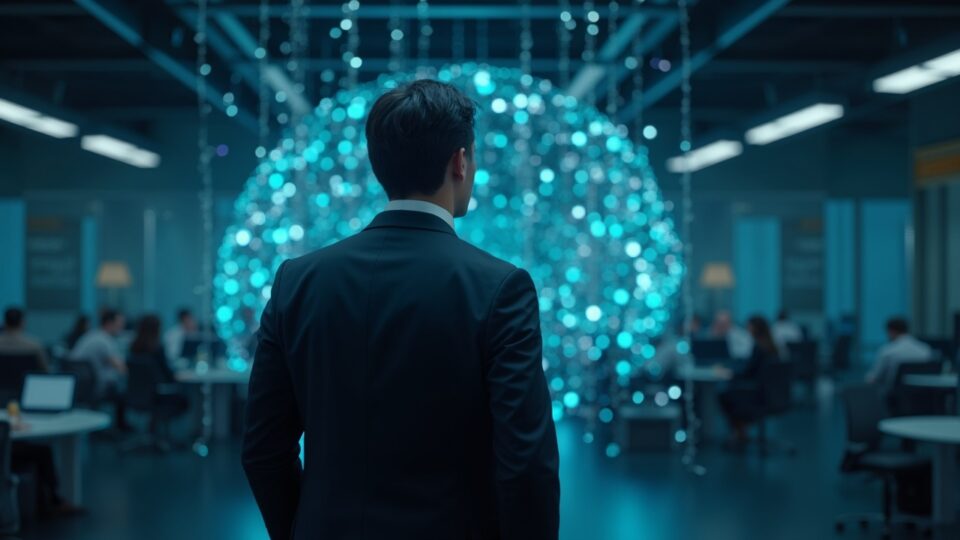 Center-stage banker in a suit with a glowing blockchain behind; tokenized deposits flow to on-chain rails, newsroom style