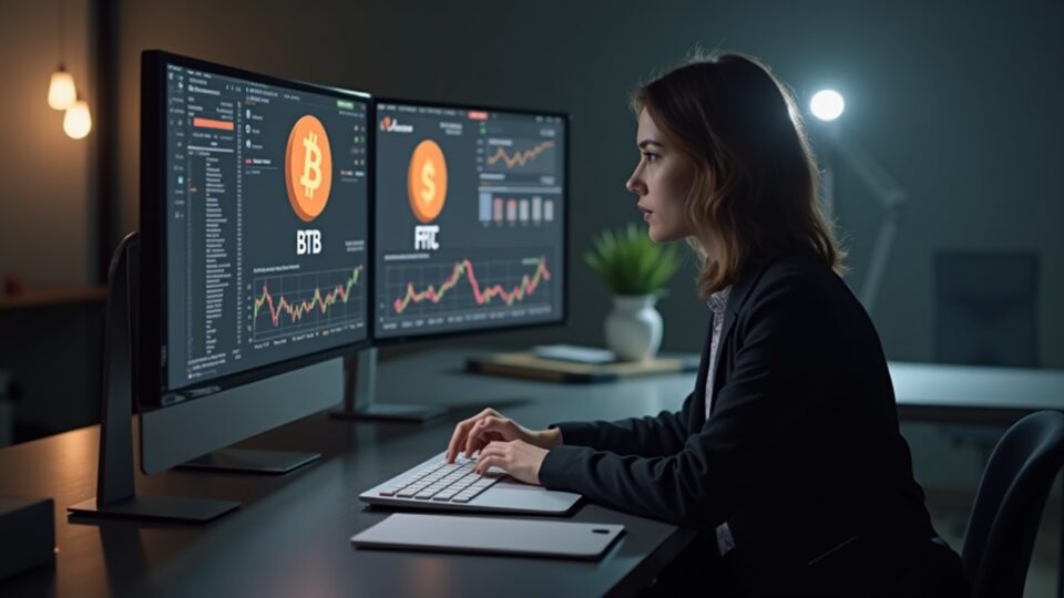 Photorealistic Bank of America wealth advisor at a sleek desk, screen displaying Bitcoin ETF logos.