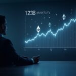 Photorealistic boardroom scene with a crypto executive beside a holographic Ethereum price chart and a $13B treasury