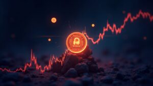 Photorealistic BONK token breaking resistance on a glowing price chart with Solana and DeFi icons.