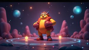 Photorealistic Solana launchpad scene with a BonkFun mascot unveiling zero-fee BONK Classic among glowing meme tokens.