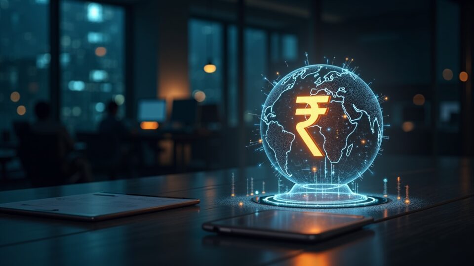 Photo-realistic central bank desk with a glowing digital rupee and BRICS currency icons on a holographic globe