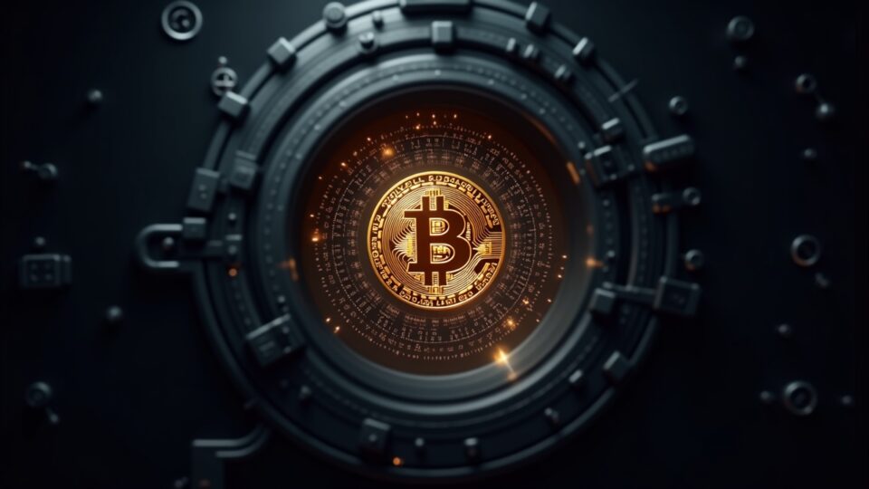 Hyper-realistic Bitcoin logo morphing into a quantum circuit with a vault backdrop, signaling post-quantum migration.