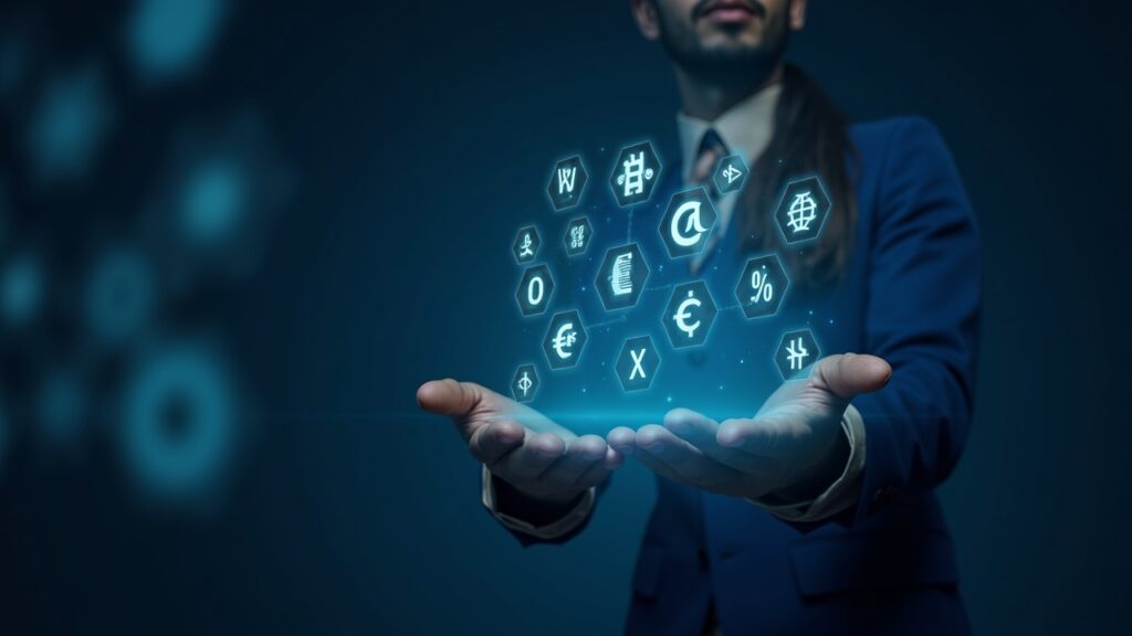 Fintech executive before a holographic display of 18 fiat currencies and crypto icons, Bybit MyBank branding.