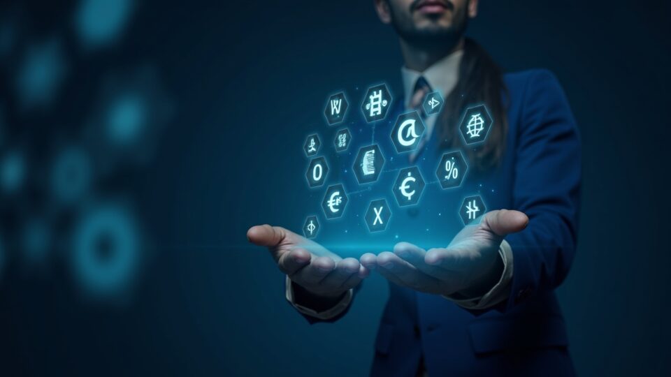 Fintech executive before a holographic display of 18 fiat currencies and crypto icons, Bybit MyBank branding.