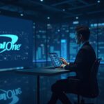 Newsroom header with a central executive, digital ledger backdrop, merged Capital One and Brex branding, and glowing stablecoin rails.