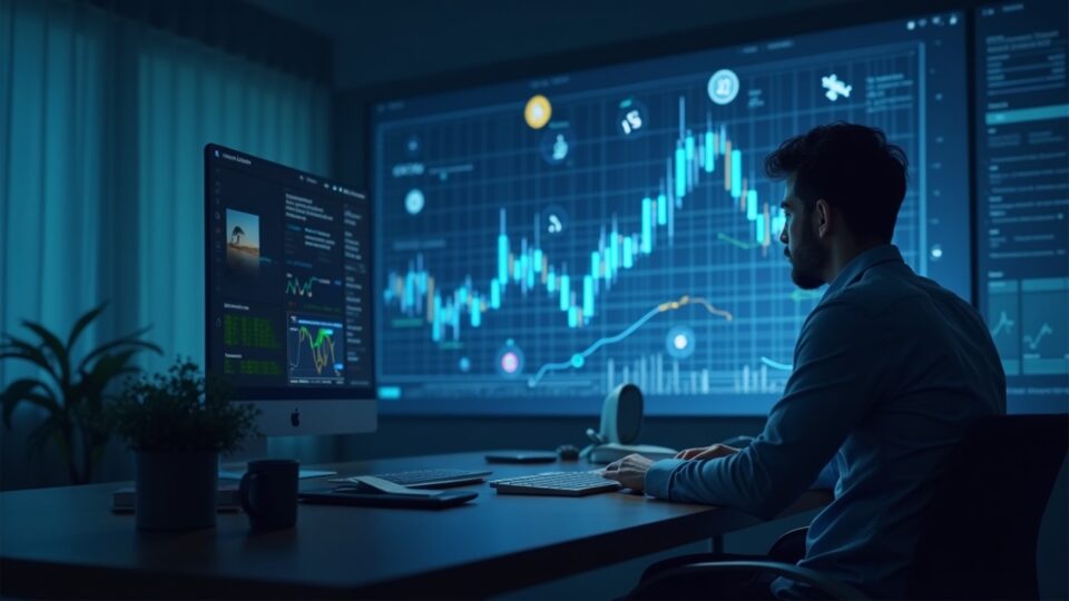 Photorealistic newsroom scene with a holographic ADA price chart, whale icons, blockchain grid, and rising indicators.