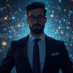 Photorealistic image of a suited regulator with a glowing blockchain backdrop and crypto icons.