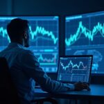 Photorealistic data engineer in a futuristic trading room monitoring US equities streams on screens with Chainlink branding