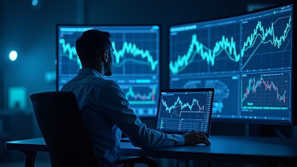 Photorealistic data engineer in a futuristic trading room monitoring US equities streams on screens with Chainlink branding