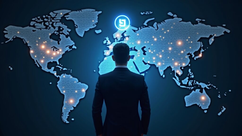 Photorealistic banker in suit before a glowing Arc hub map with USDC logo, symbolizing enterprise settlement and cross-border rails.