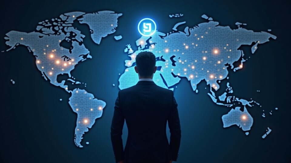 Photorealistic banker in suit before a glowing Arc hub map with USDC logo, symbolizing enterprise settlement and cross-border rails.