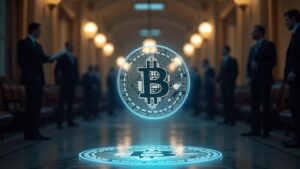 Photorealistic Senate hallway with a glowing crypto coin hologram in the foreground as lawmakers debate DeFi regulation.