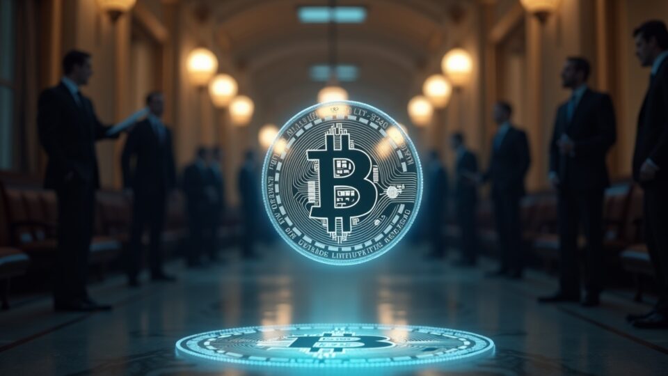 Photorealistic Senate hallway with a glowing crypto coin hologram in the foreground as lawmakers debate DeFi regulation.