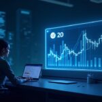 Futuristic trading desk with a trader beside a holographic CoinDesk 20 screen and glowing AAVE with market-cap bars