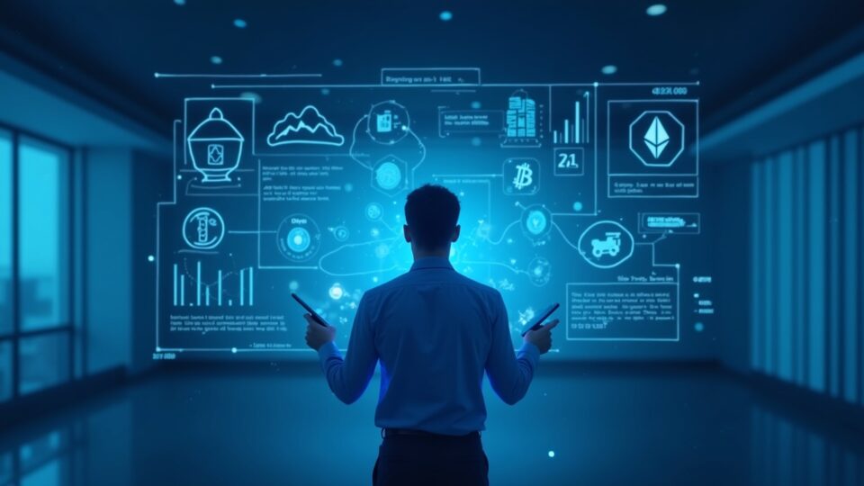 Photorealistic fintech analyst studies holographic crypto charts with Bitcoin and Ethereum icons in a blue newsroom setting.