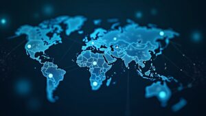 Photorealistic holographic crypto network map with tracing lines across a dark tech backdrop, Telegram icon visible