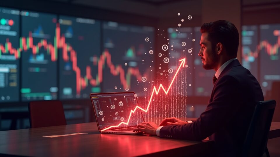 Photorealistic newsroom with a crypto analyst, holographic token logos dissolving to zeros, and a red market-crash glow.