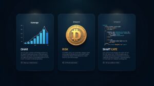 Photorealistic DASH header with central token and three risk panels: whale/leverage, reentrancy code, and a privacy mask.