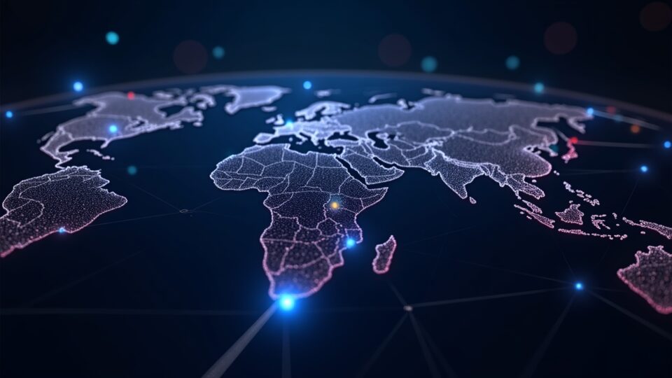Photorealistic global mesh of GPU nodes connected by lines, illustrating decentralized AI inference and data sovereignty.