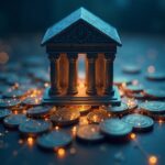 Photorealistic scene of a bank tower merging with glowing digital coins into a single network, with regulatory documents transforming into code.