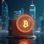 Photorealistic digital yuan wallet with rising yield, contrast to blocked US stablecoin icon, global finance hub backdrop.