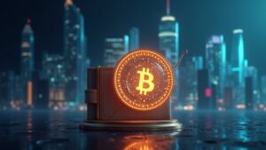 Photorealistic digital yuan wallet with rising yield, contrast to blocked US stablecoin icon, global finance hub backdrop.