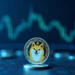 Photo-realistic Dogecoin coin in the foreground with a DOGE/BTC chart in an ascending channel on a blue fintech backdrop.