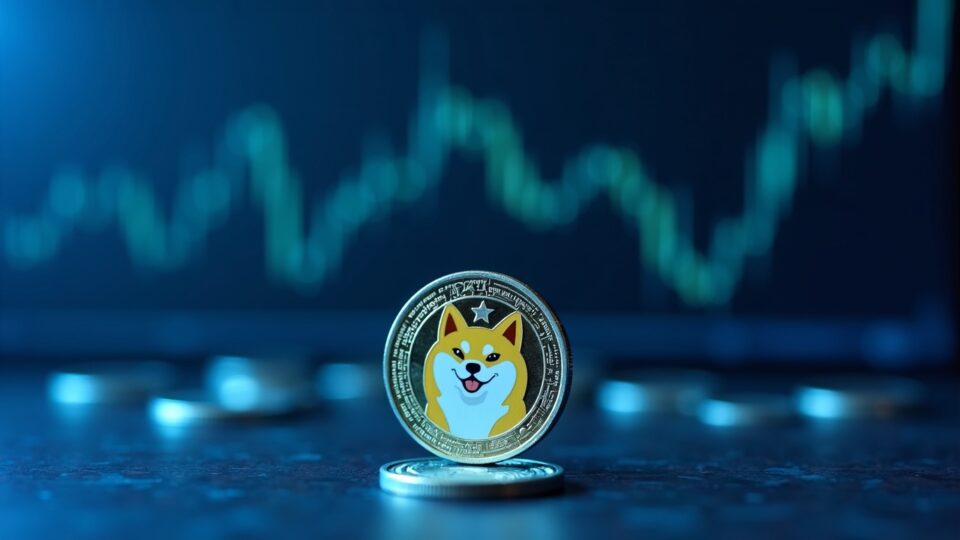 Photo-realistic Dogecoin coin in the foreground with a DOGE/BTC chart in an ascending channel on a blue fintech backdrop.