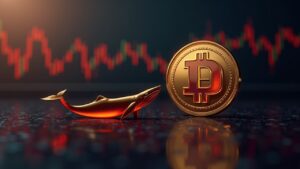Photorealistic Dogecoin and whale silhouette moving toward a large exchange icon over a red price chart dipping below 0.13.