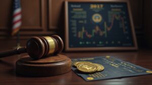 Photorealistic DOJ courtroom scene with a gavel, Bitcoin coins, and a digital asset flow map illustrating Helix mixer forfeiture.