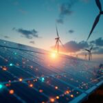 Solar farm and wind turbine linked by glowing blockchain tokens, with IoT telemetry and a secure finance dashboard.