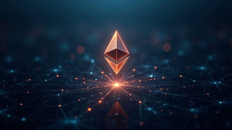 Photorealistic image of a glowing Ethereum logo over a modern financial district, with network lines and regulatory icons.