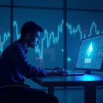 Realistic crypto trader at a sleek desk with an Ethereum hologram showing 3200 and a price chart in blue neon lighting