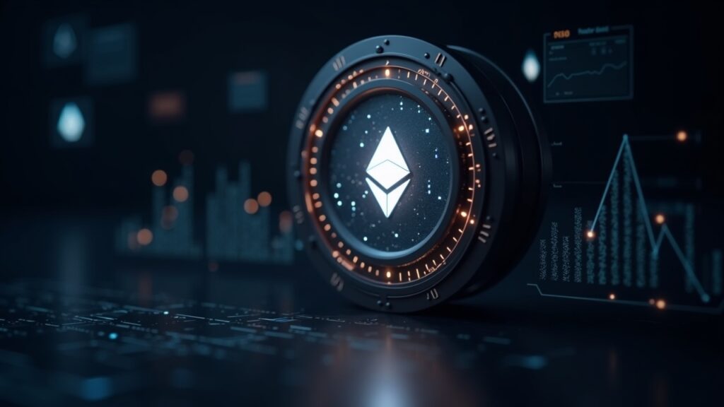Photorealistic Ethereum logo above a secure endowment vault with holographic graphs and a governance interface.