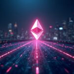 Photorealistic Ethereum logo glows as Internet of Money backbone; tokenized assets stream along neon toll roads with Wall Street in the distance.