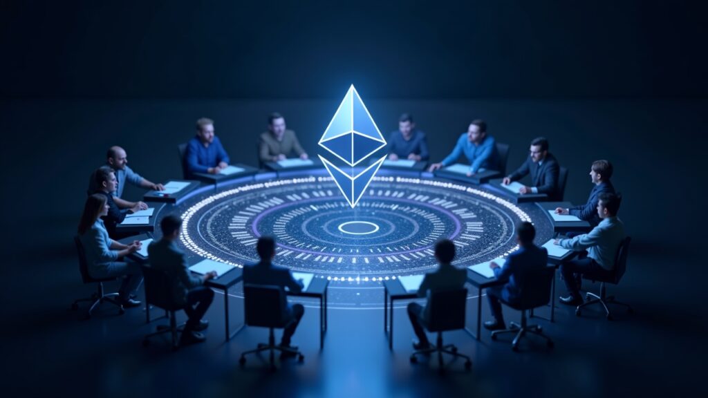 Photoreal Ethereum logo surrounded by a quantum shield as engineers at futuristic desks highlight post-quantum security.