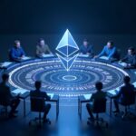 Photoreal Ethereum logo surrounded by a quantum shield as engineers at futuristic desks highlight post-quantum security.