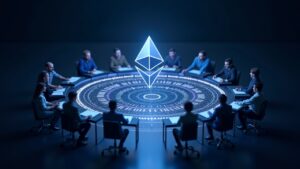 Photoreal Ethereum logo surrounded by a quantum shield as engineers at futuristic desks highlight post-quantum security.