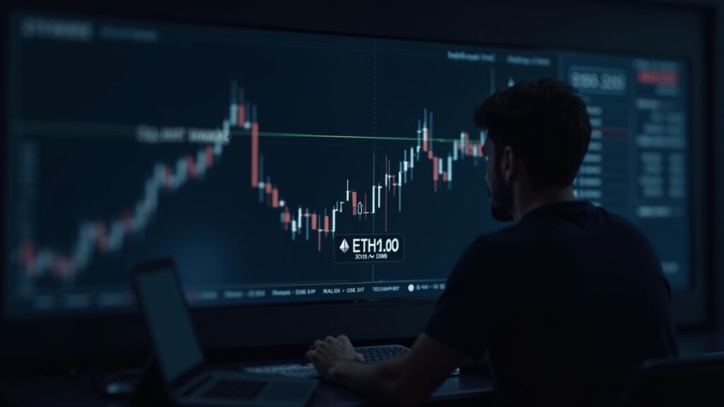 Realistic crypto trader at a sleek terminal, ETH breaking above $3,000 with overhead supply zone of $3,150-$3,180.