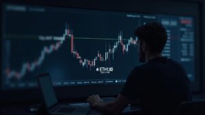 Realistic crypto trader at a sleek terminal, ETH breaking above $3,000 with overhead supply zone of $3,150-$3,180.