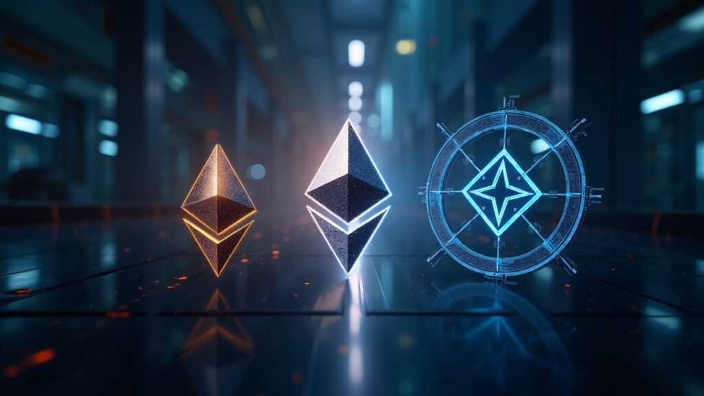 Split-screen scene showing Ethereum and Solana logos, contrasting resilience approaches, futuristic cityscape and newsroom lighting.