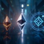 Split-screen scene showing Ethereum and Solana logos, contrasting resilience approaches, futuristic cityscape and newsroom lighting.