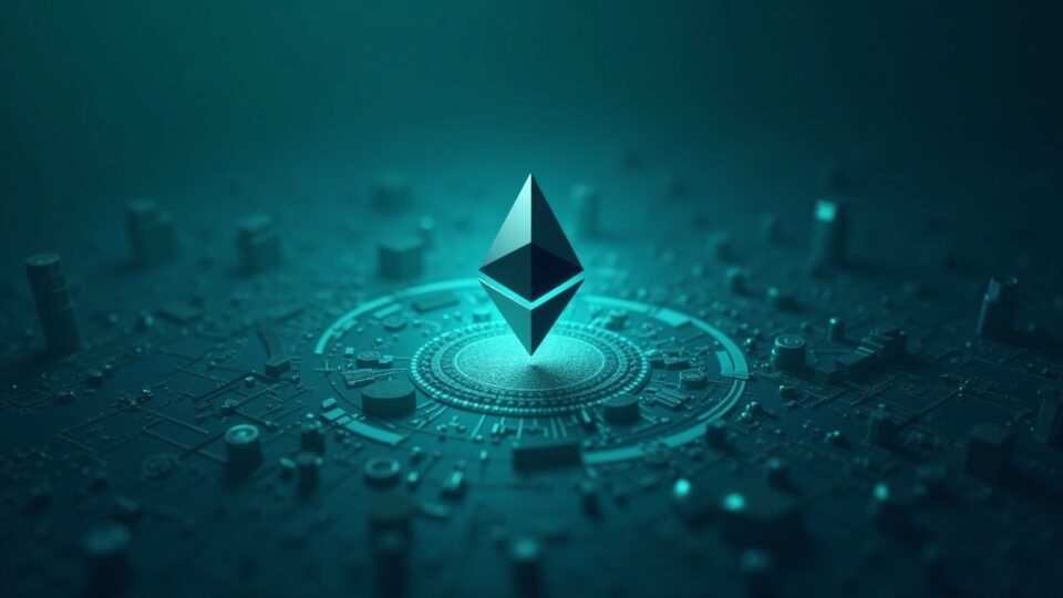 Photorealistic Ethereum logo at center with streams of stablecoins across Layer-2 city grids in blue-green tones.